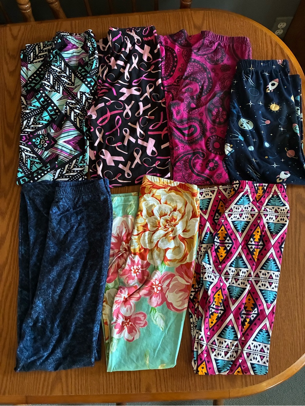 Womens’ Mixed-Print Stretch Leggings - Pink, Black, Blue & Teal